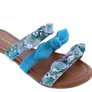 Blue Gray Strap Floral Knotted Bow Slides Sandals